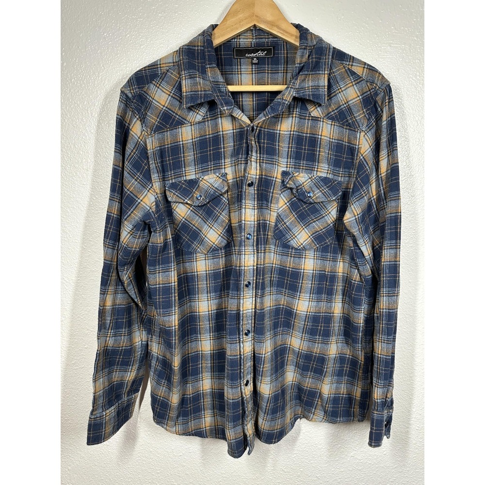 Coastal‎ Shirt Mens XL Blue Yellow Plaid Flannel Western Pearl Snap Long Sleeve
